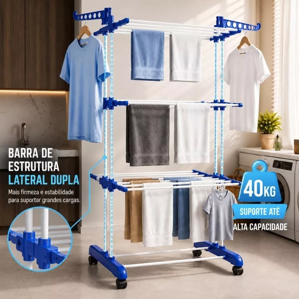 Varal Torre 3 Andares Aço Inoxidável Retratil Compacto 4 Rodas Prático