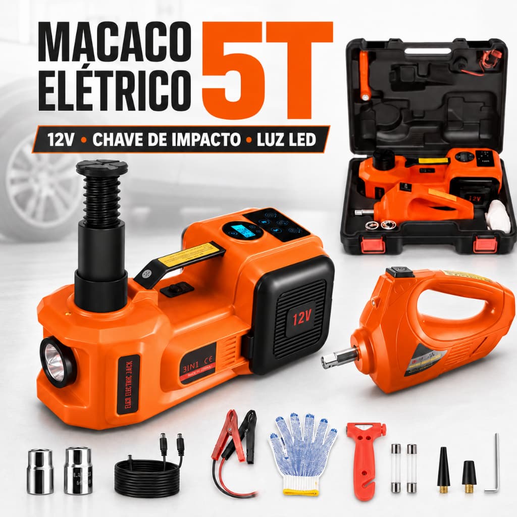 Kit Macaco Elétrico 5t 12v com Chave de Impacto - Indicação Digital Inteligente para Carros