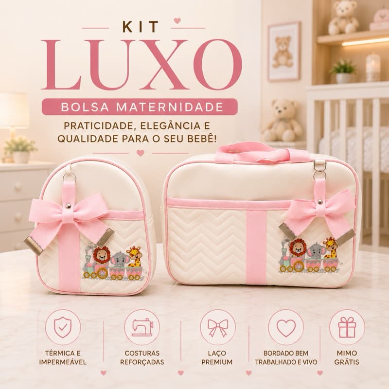 Kit Bolsa Maternidade Luxo 2 Peças | Mochila + Bolsa G | Térmica Impermeável | Laço Premium | Bordados vivos