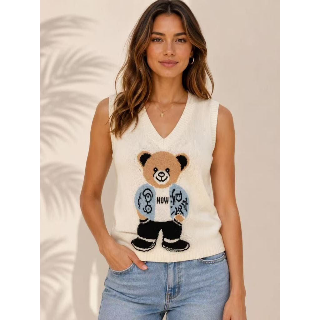 Colete Feminino de Tricô Modal Gola V com Estampa de Ursinho