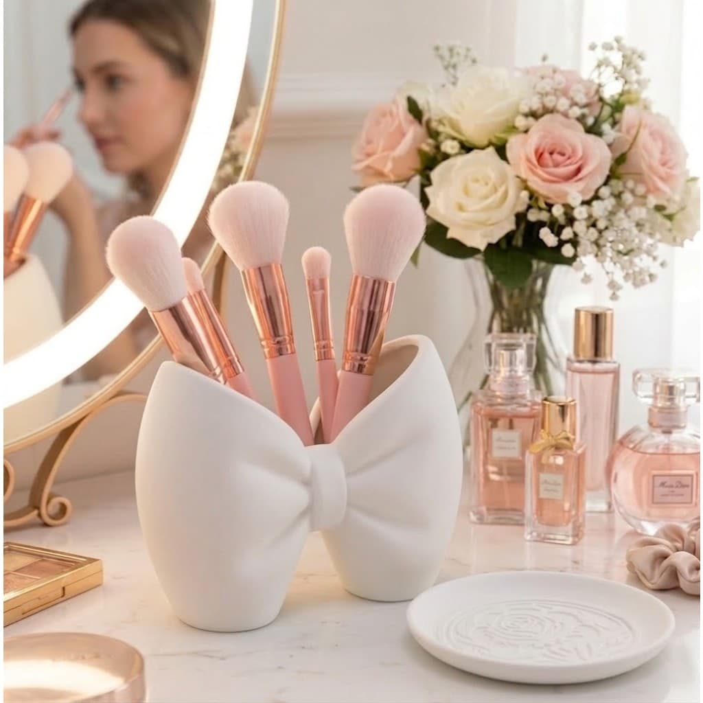 Organizador de Maquiagem Porta Pincéis Rosa com Bandeja Porta Perfumes Decoração Penteadeira