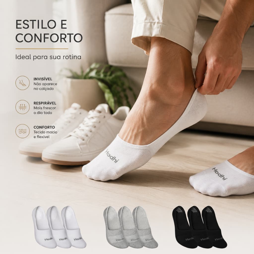 Kit 3 Pares Meia Sapatilha Invisível Hoahi Algodão Ajuste Perfeito com Silicone