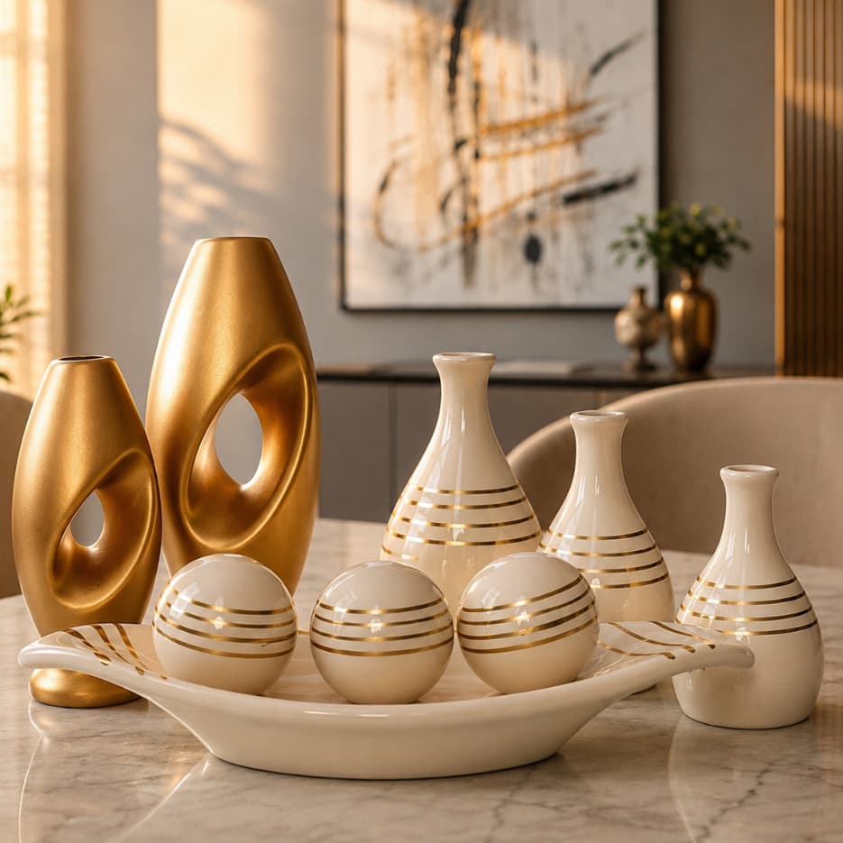 Kit Enfeite Cerâmica 9 Peças Vaso Decorativo Decoração Elegantes Casa Rack Conjunto Completo para Decorar Decorados Loja