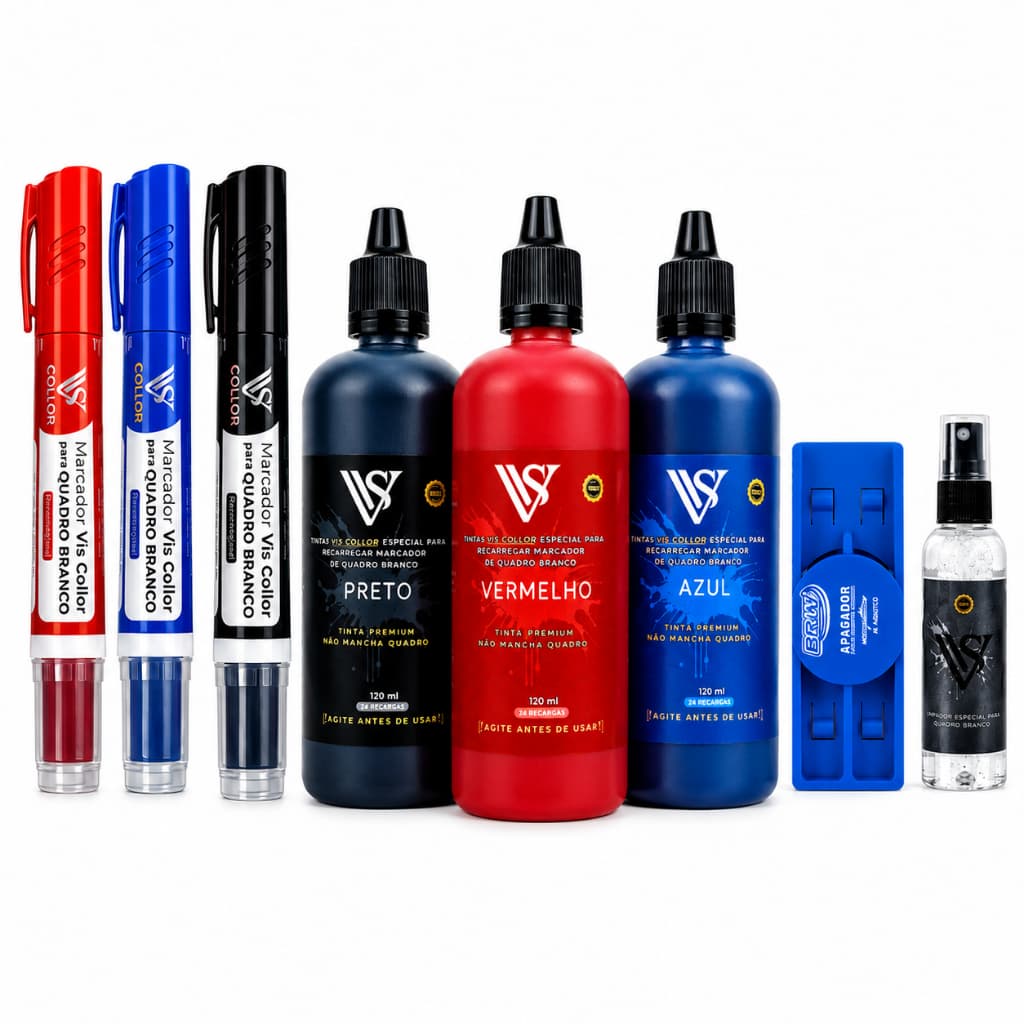 Kit Professor Completo Quadro Branco 120ml + Marcador Recarregável + Brindes Vis Collor