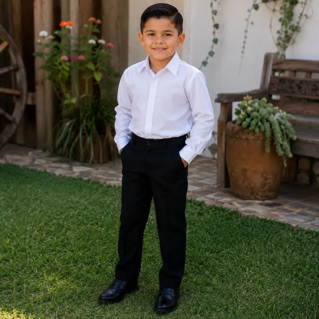 Calça Preta com Camisa Manga Longa Branca Infantil Batizado Formatura Festa Evento Menino Social