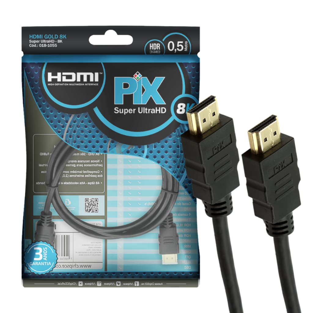 Cabo HDMI 2.1 Pix 50cm 8K 4K HDR Jogos Conector Ouro