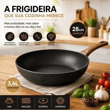 Frigideira antiaderente Revestida Nanocerâmico indução forno  28cm preta bife ovos sem oleo