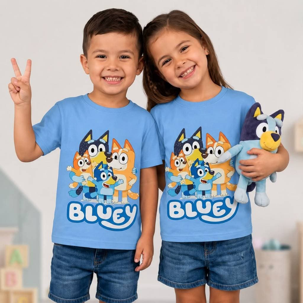 Camiseta Infantil Bluey e Bingo Família Cachorrinho – Alta Qualidade 100% Algodão