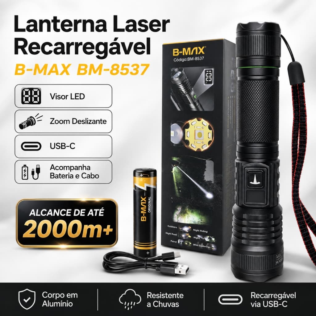 Lanterna Tática LED Laser B-Max BM-8537 Super Potente Recarregável USB-C Zoom 2000m Sítio Fazenda Camping Caça Segurança