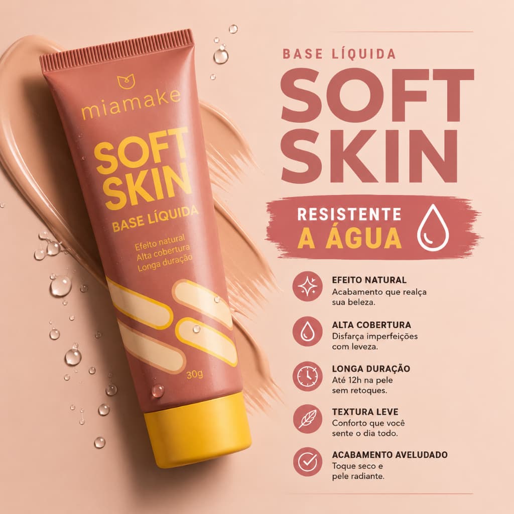 Base Líquida Mia Make Soft Skin Alta Cobertura Matte Resistente à Água Longa Duração Base Facial Original