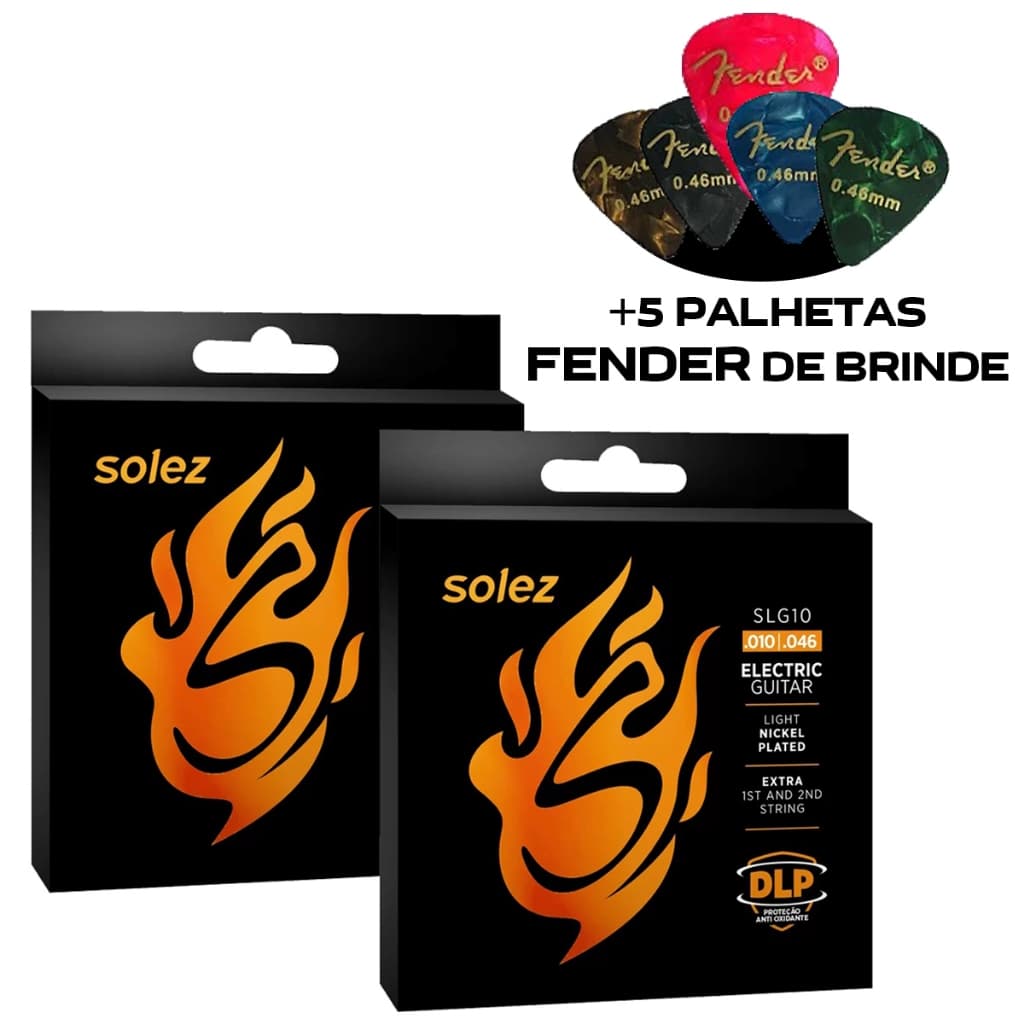 Encordoamento Para Guitarra Solez Slg10 010 Kit com 2 + Brinde 5 Palhetas Fender