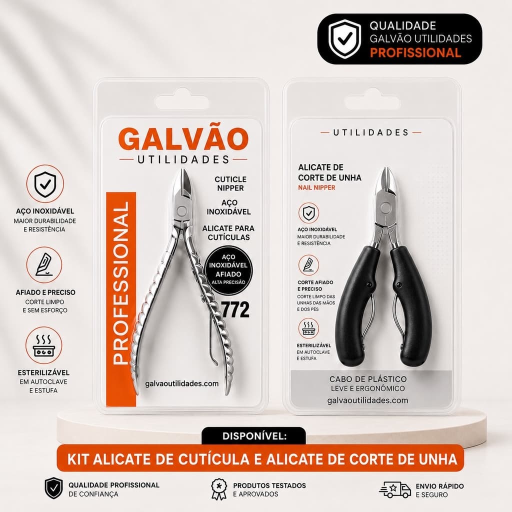 Alicate de Cutícula + Alicate de Corte de Unha Profissionais Inox Manicure Mola Dupla Premium
