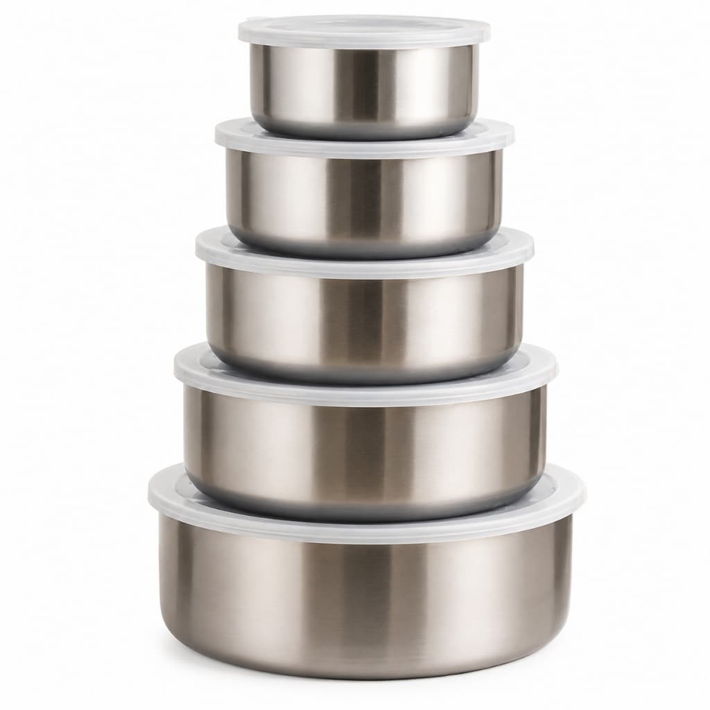Kit 5 Potes Inox Com Tampa Redondo Porta Alimentos Cozinha  Marmita Inox Jogo Organizador Cozinha