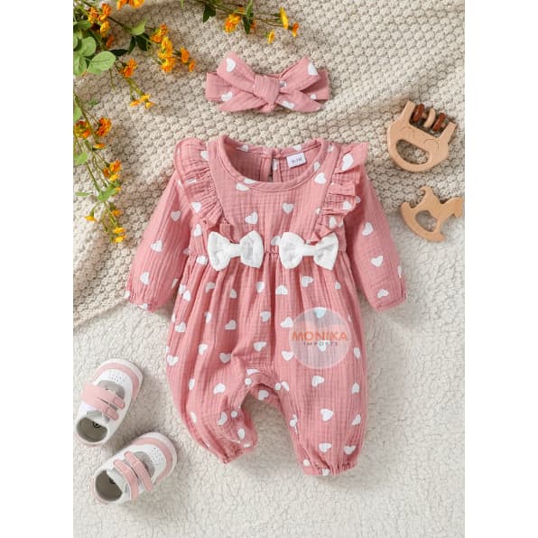 Macacão Bebê Menina Floral Manga Longa com Laço e Faixa de Cabelo 0-3 meses Roupa Infantil Confortável Algodão