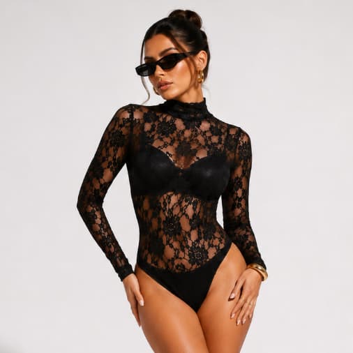 Body Feminino Manga Longa De Renda Floral Feminino Lançamento Inverno Verao Primavera e Outono