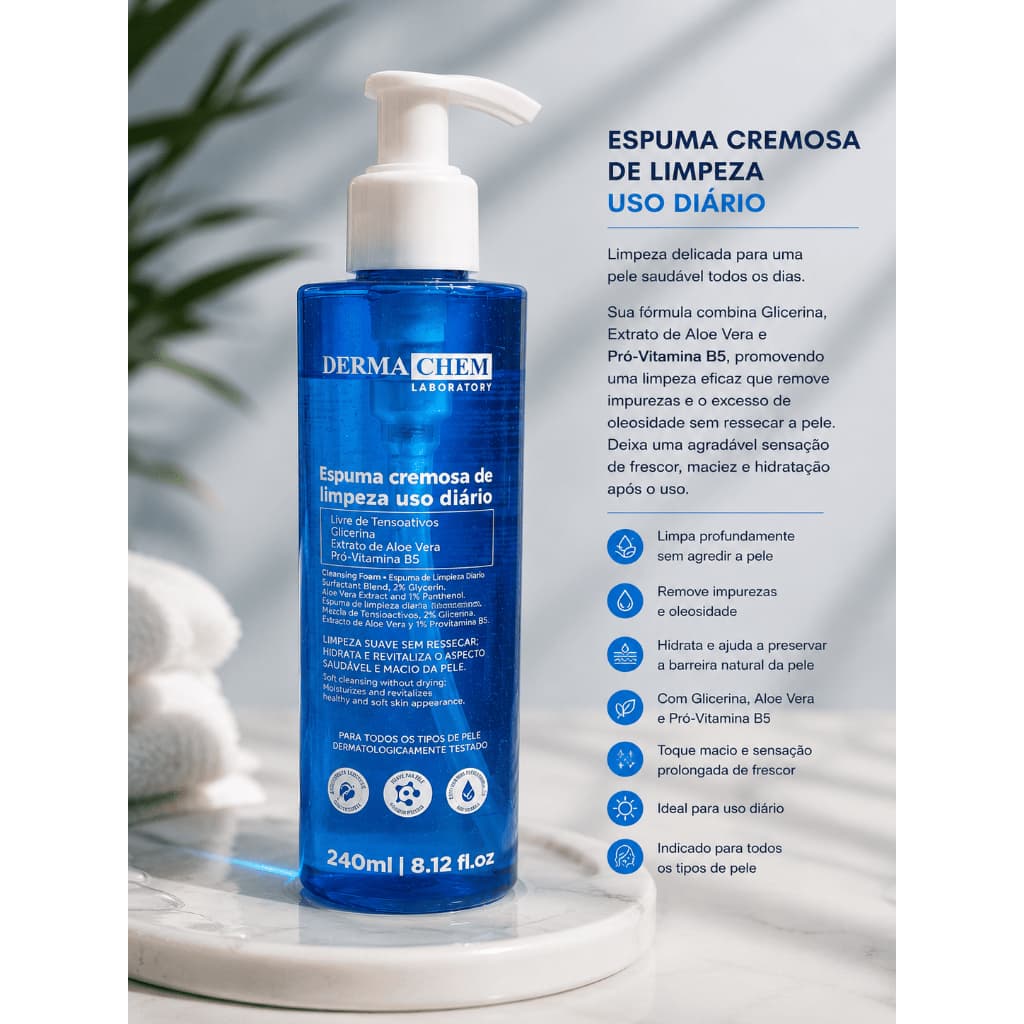Espuma Cremosa de Limpeza Facial Sabonete Líquido Gel 240ml Dermachem