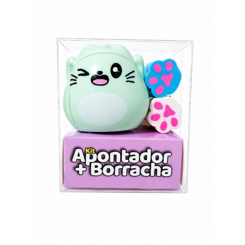 Kit Apontador + 2 Borrachas Patinha Kawaii | Apontador Animal Fofo Escolar