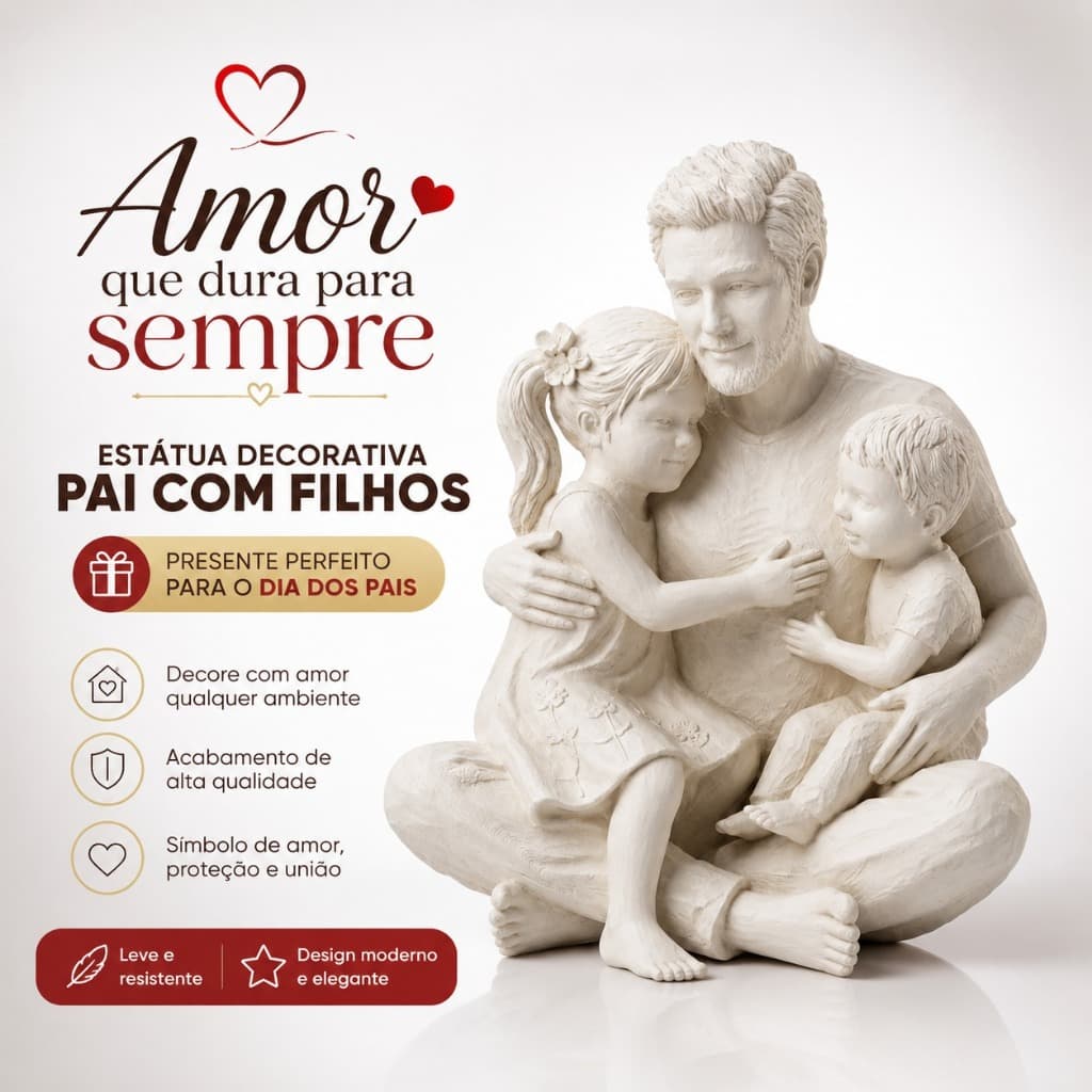 Estátua Pai com Filhos Decorativa Escultura Família Presente Dia dos Pais Sala Quarto Decoração