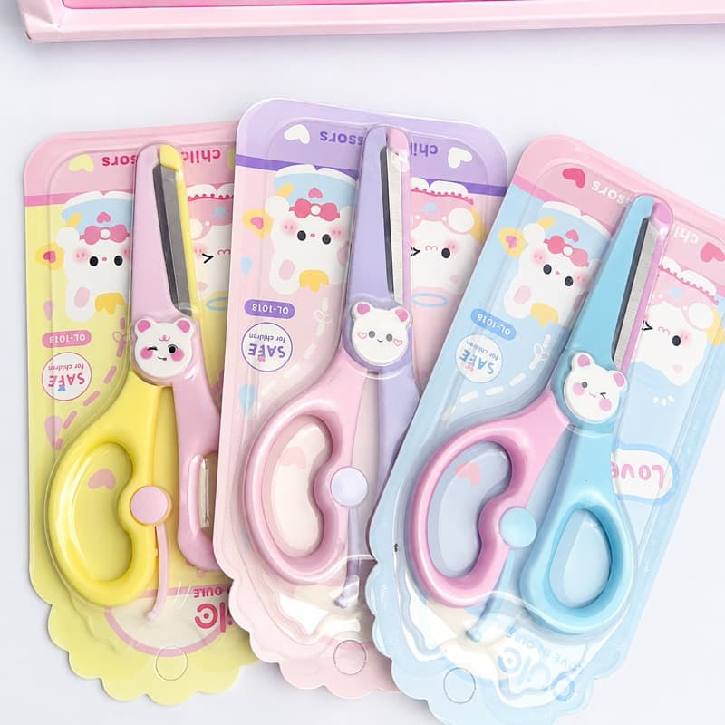 Tesoura Infantil Escolar Kawaii Ponta Arredondada Fofa 3 Cores