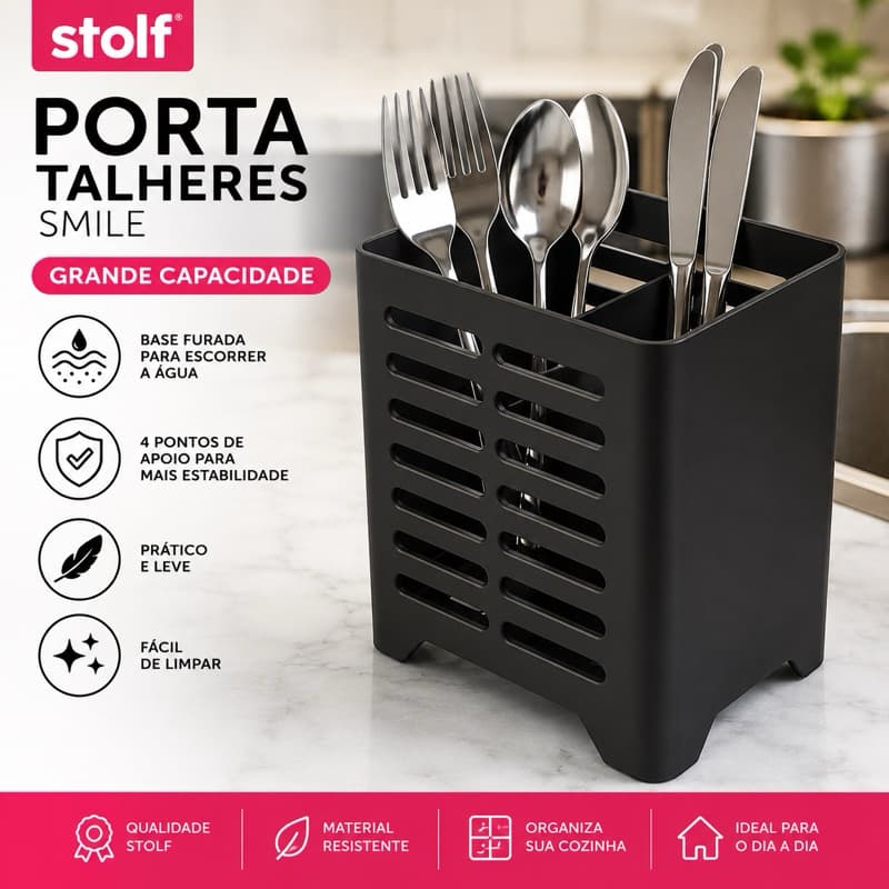 Porta Talher Plástico Smile Preto - Design Prático e Compacto, Escorredor Eficiente