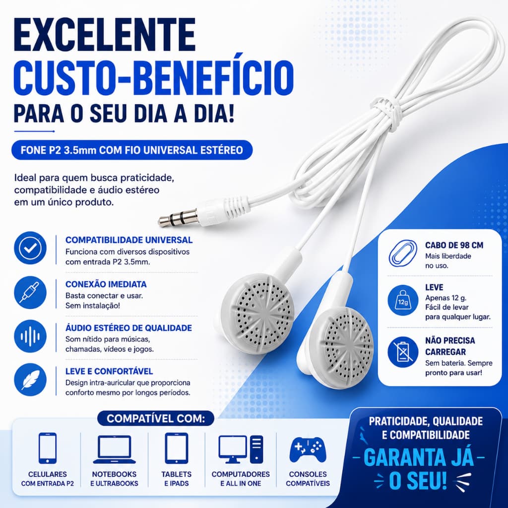 Fone de Ouvido P2 3.5mm com Fio Universal Estéreo Intra-Auricular Compatível com Celular Notebook Tablet