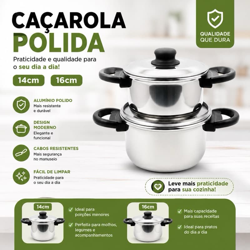 Kit 2 caçarolas Polidas Tamanho 14cm e 16cm Alumínio reforçado Alta durabilidade