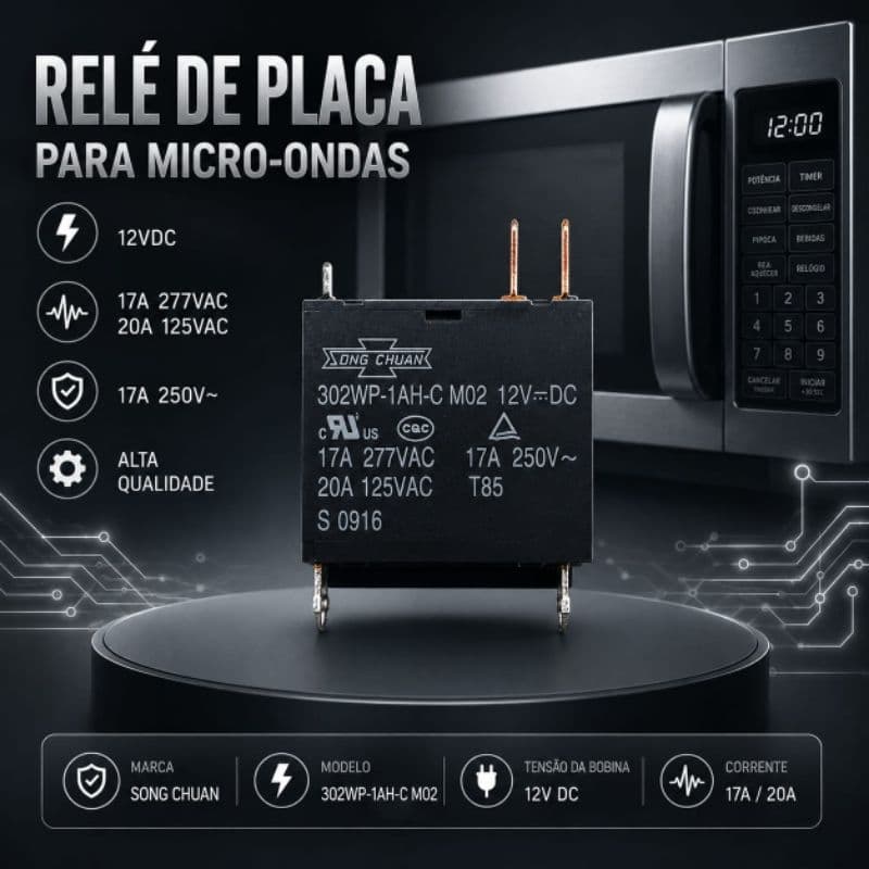 Relé de Placa para Micro-ondas *Song Chuan* - Especificações: 302WP-1AH-C - 12DC 17A 277VAC, 20A 125VAC, 17A 250V~