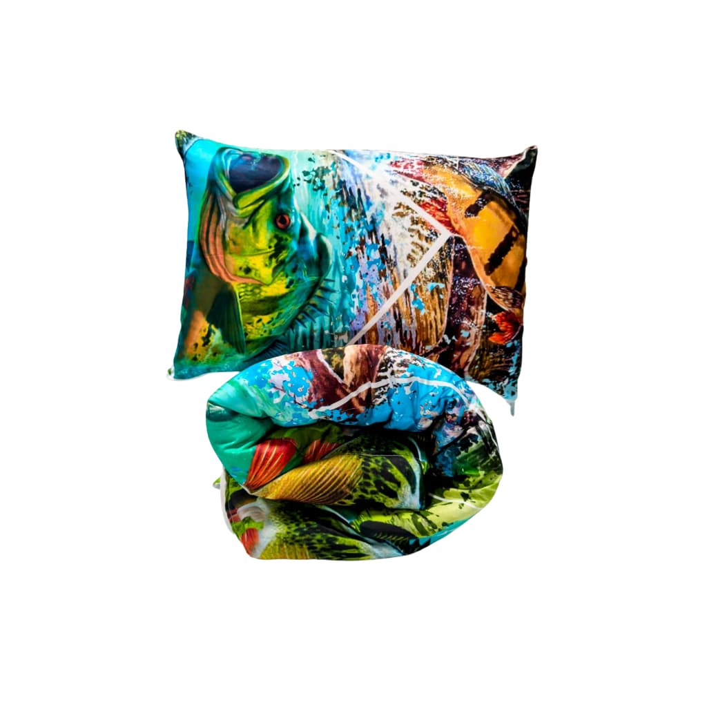 Kit Edredom Pesca Pescaria Pescador Isca Peixe – Edredom Solteiro + Fronha + Lençol com Elástico Estampa Tucunaré