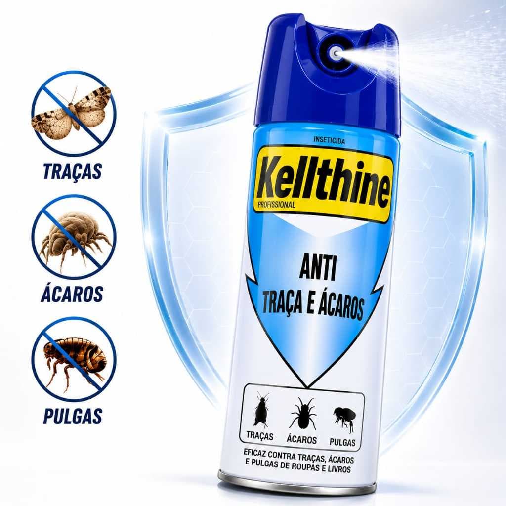 Kellthine Anti Traça e Ácaro Spray 300ml Mata Traças Pulgas Ácaros Protege Roupas Livros Tecidos Casa Protegida