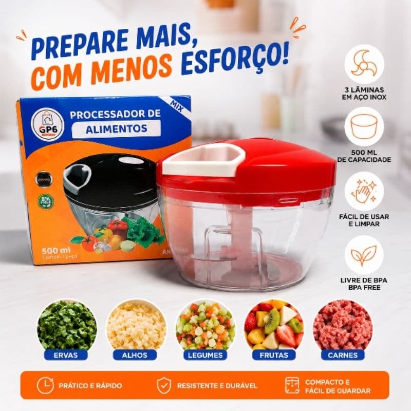 Processador de Alimentos Manual 500ml Multiuso Tritura Alho Legumes Frutas e Ervas