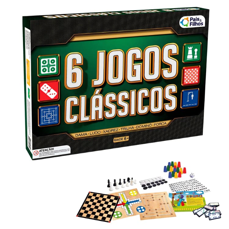 Jogo 6 em 1 Dama Ludo Xadrez Dominó Forca Marca Pais & Filhos