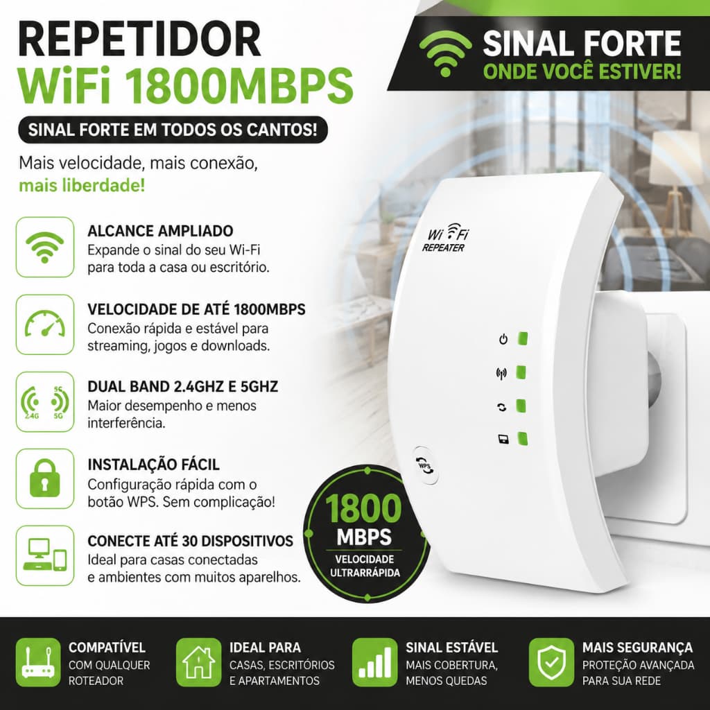 Repetidor WiFi Bivolt com Antena de Cerâmica - Expansor de Rede 1800Mbps Ultra Rápido