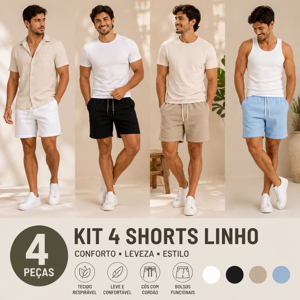 Kit 4 Shorts Masculino de Linho Casual Leve com Cordão e Bolsos