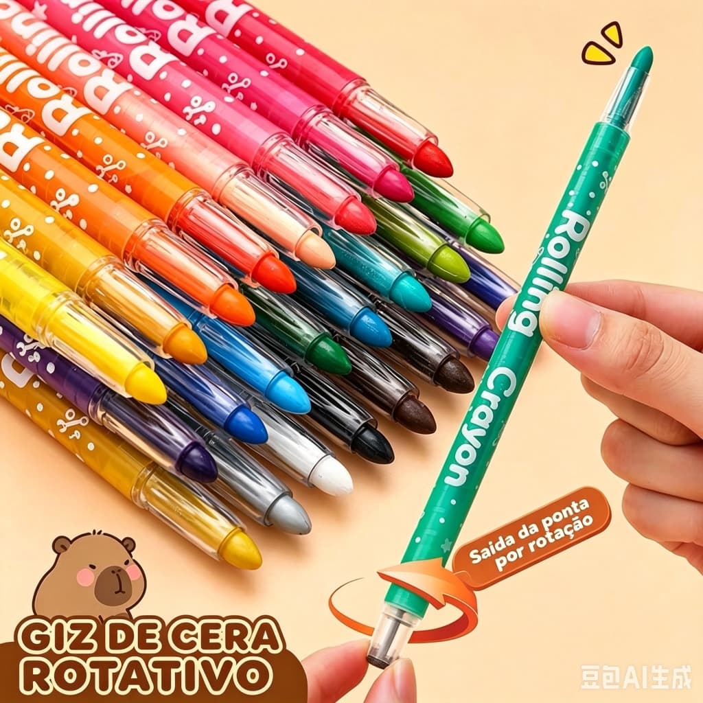 Giz de Cera Rotativo Infantil Capivara 12/18/24 Cores, Material Atóxico Apagável, Estojo Organizador para Desenho