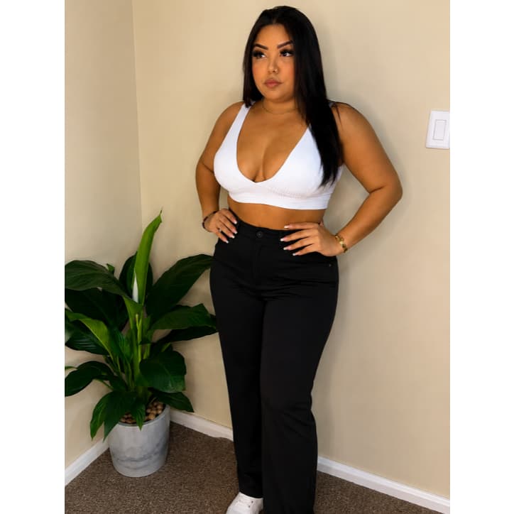 Cropped Feminino Top Decote Profundo V Frente E Costa com Bojo Canelado