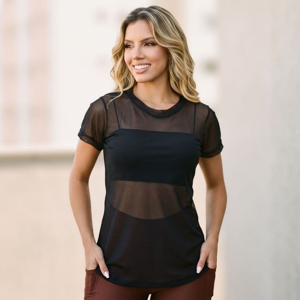 Blusa Feminina Moda Academia Transparente Fitness Tule Luxo Casual