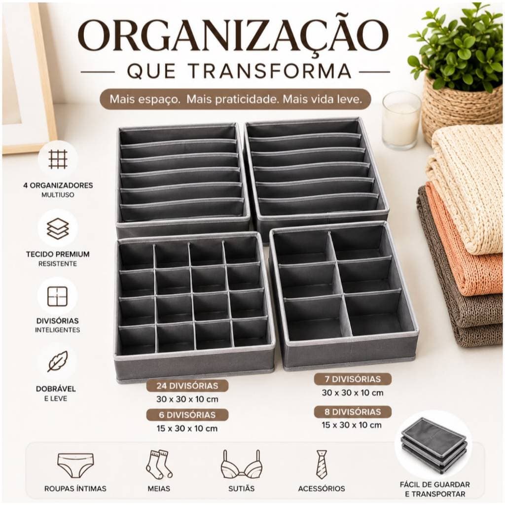 Kit 4 Organizadores de Gaveta Dobraveis 24, 8, 7 e 6 Divisorias Organizador de Roupas Intimas Meias Calcinha Cueca Sutia