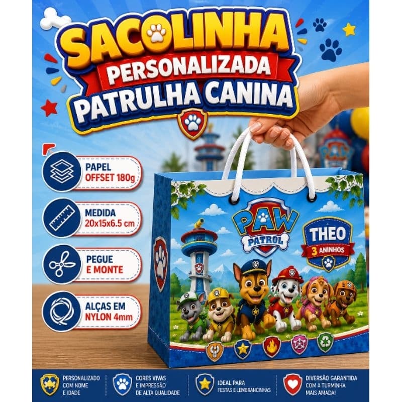 Sacolinhas Personalizadas Festa Patrulha Canina - Papel offset 180g, Alças de Nylon Branco