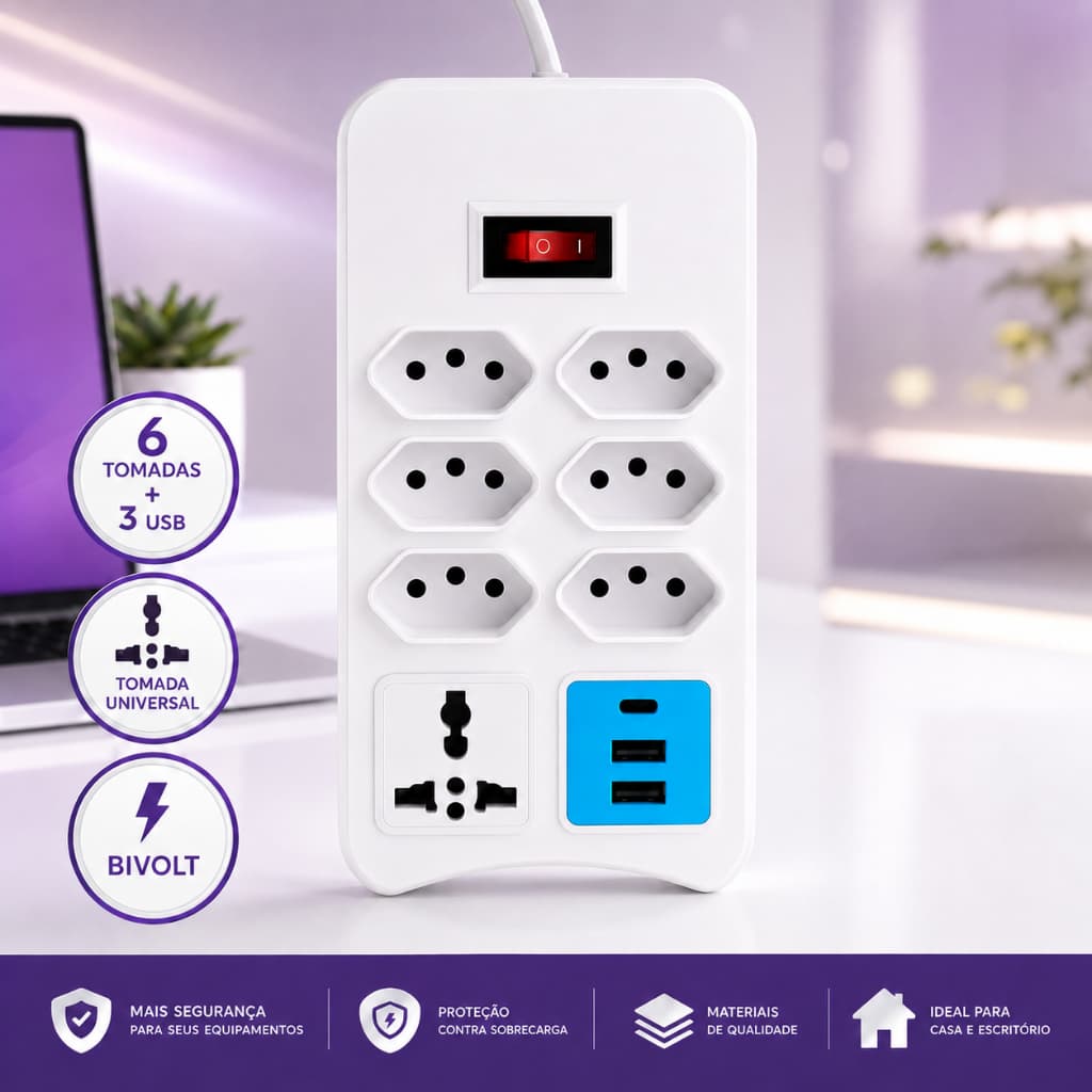 Régua Filtro de Linha Extensão Elétrica 6 Tomadas 1 Universal 3 USB Bivolt NoBreak Cabo 2 Metros