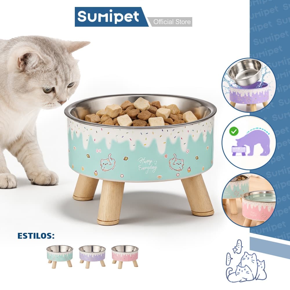 Comedouro Elevado para Gatos e Cães com Tigela Inox Removível Antiderrapante e Fácil de Limpar