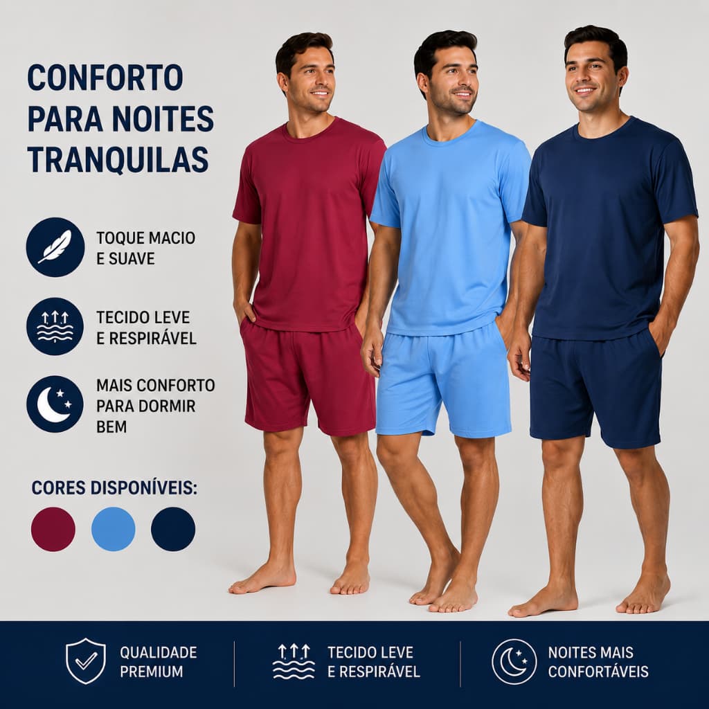 Pijama Masculino Curto Confortável – Camiseta Manga Curta + Shorts | Leve e Macio