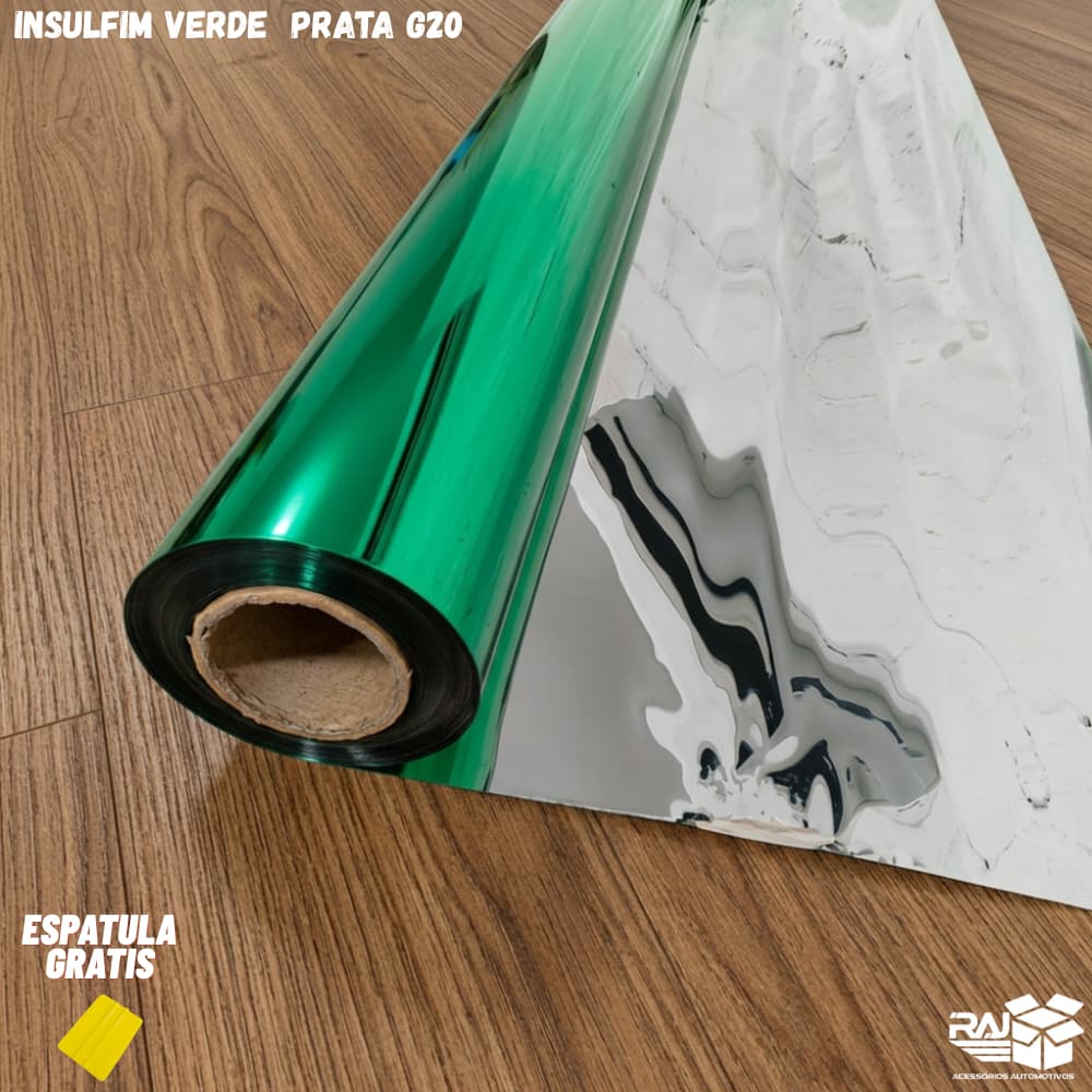 Película  Tipo Insulfilm Verde e prata ,Refletiva,G20, Poliéster, residencial,75cm larg.