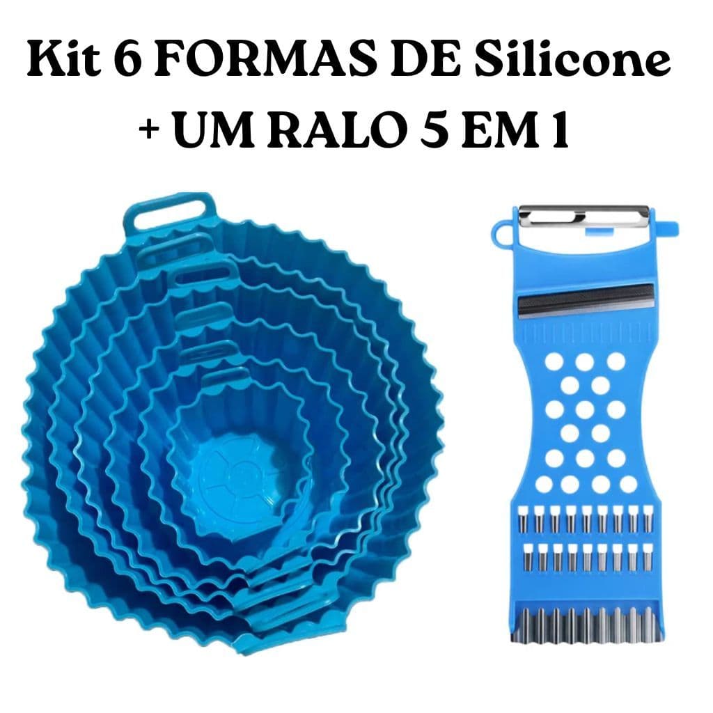 Kit 6 Formas de Silicone Para Air Fryer Reutilizável Tamanho Variado Mais um Ralo 5 em 1