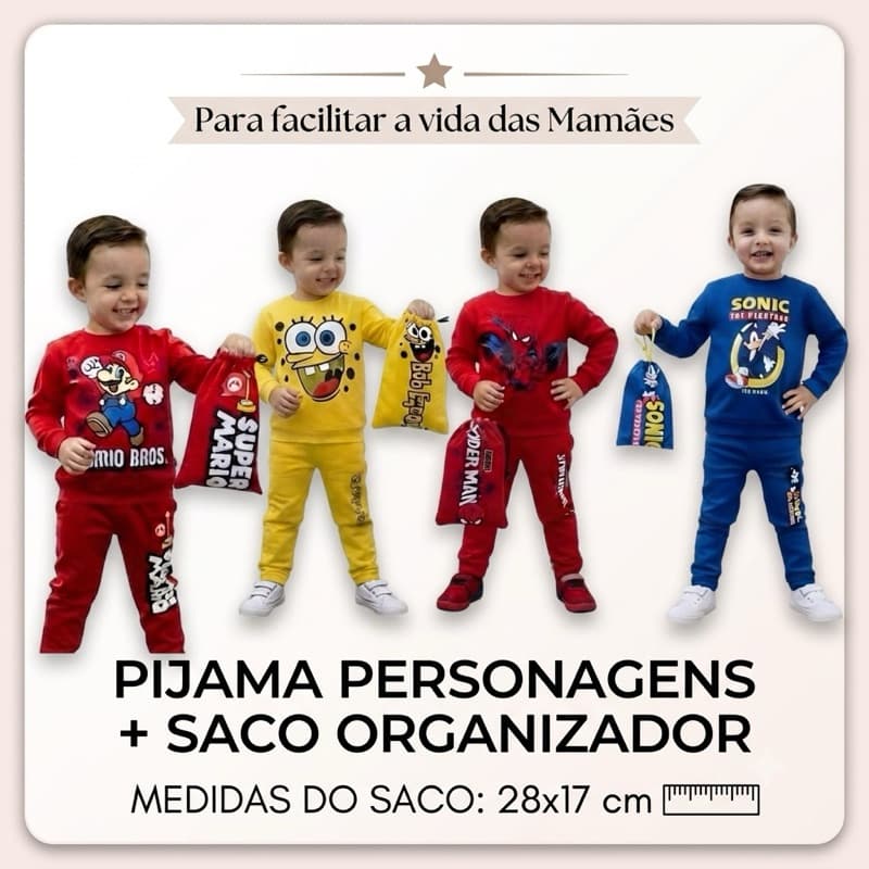 Conjunto Pijama Infantil Manga Longa + Saco Organizador Personagens/Heróis 100% Algodão Meia Estação