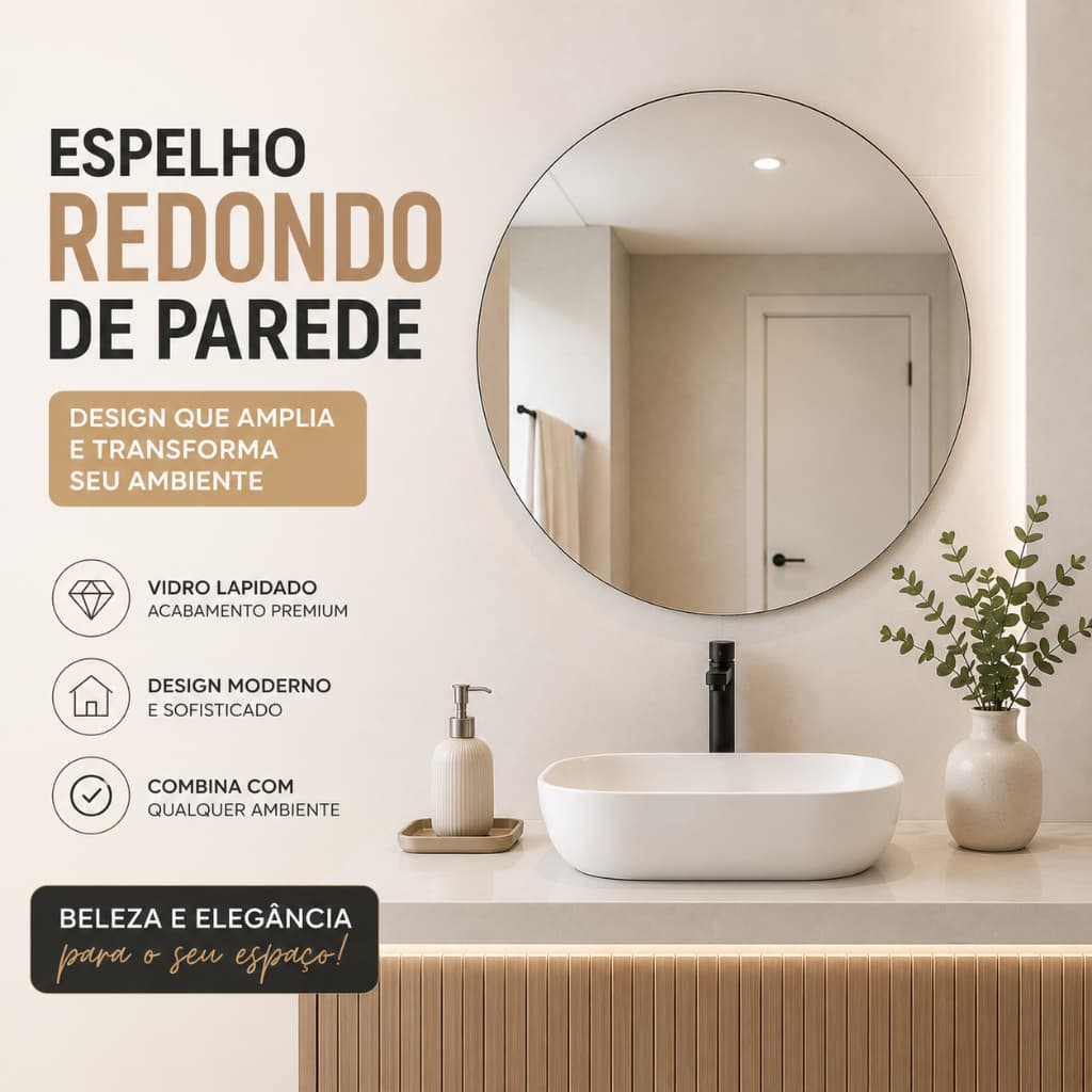 Espelho Redondo 60x60cm Lapidado Decorativo Vidro 3mm Parede Banheiro Sala Hall Quarto