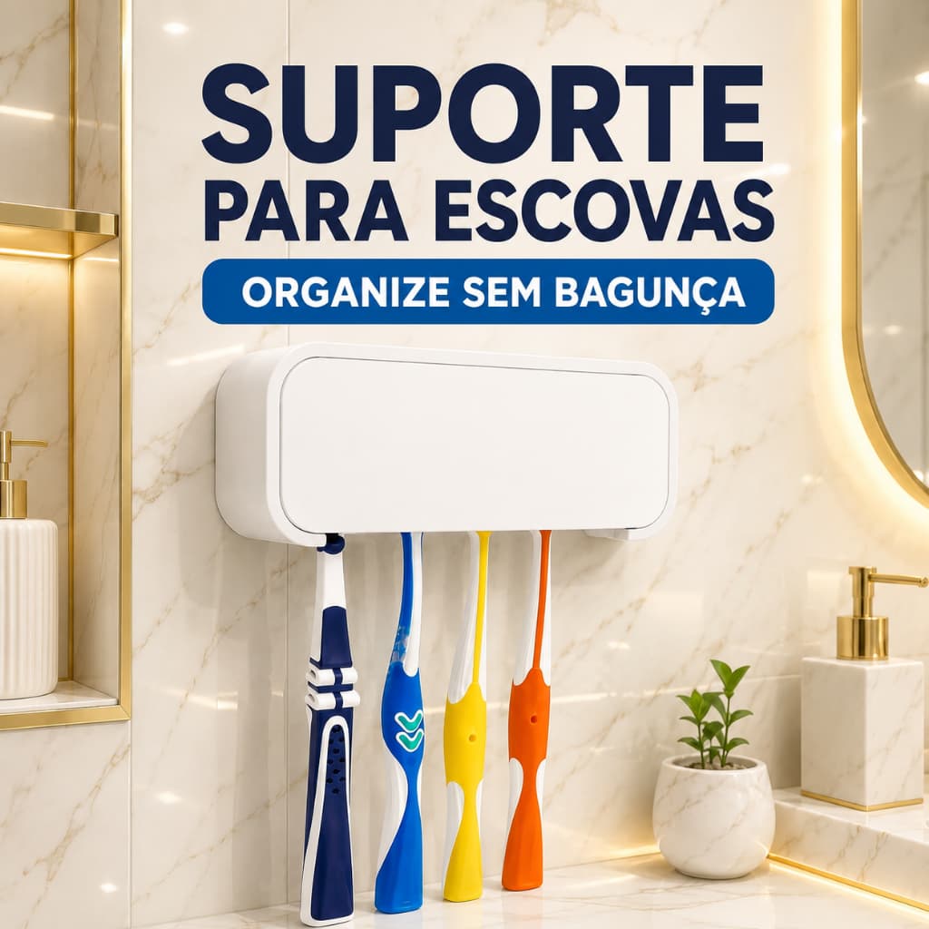 Porta Escovas de Dente Parede | Fixação Sem Furo | Suporte Para 4 Escovas Com Fita Dupla Face