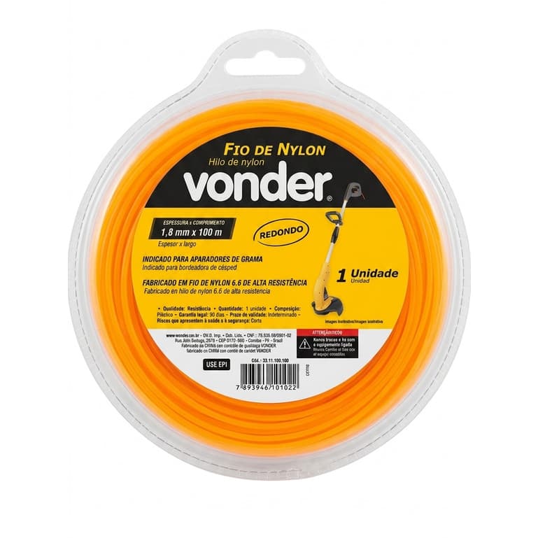 Rolo Fio de Nylon Redondo Para Aparadores e Roçadeiras Elétricas Vonder 1,8mm 100m