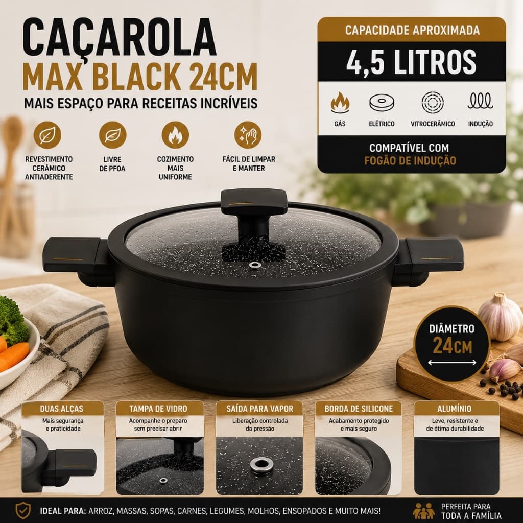 Caçarola Antiaderente Cerâmica 24cm 4,5L para Indução com Tampa de Vidro e Duas Alças Preta