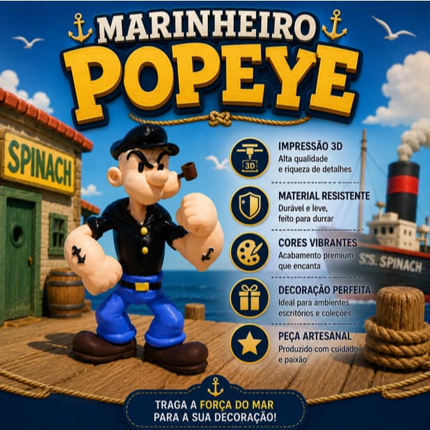 Boneco Popeye Impressão 3D Pintado à Mão – Colecionável Exclusivo