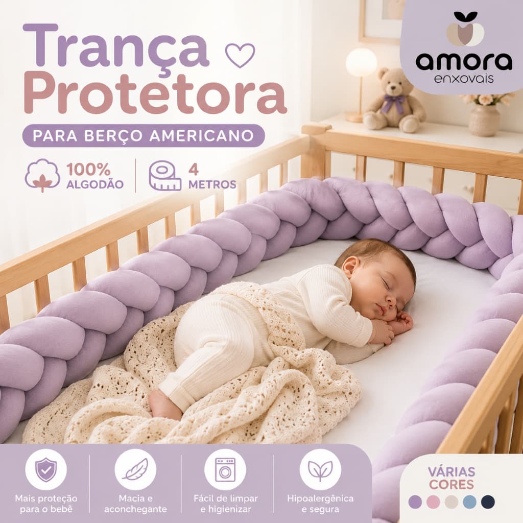 Trança Protetora Para Berço Americano 4 Metros Protetor Lateral 100% Algodão Bebê